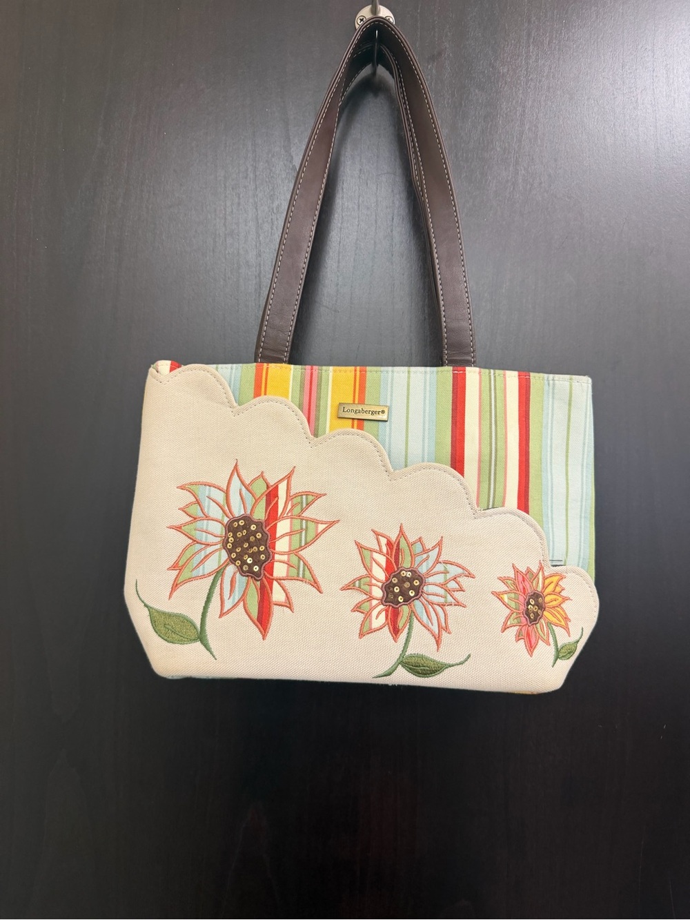 Longaberger Cream Canvas Floral Appliqué Tote with Multicolor Stripes Sunflower